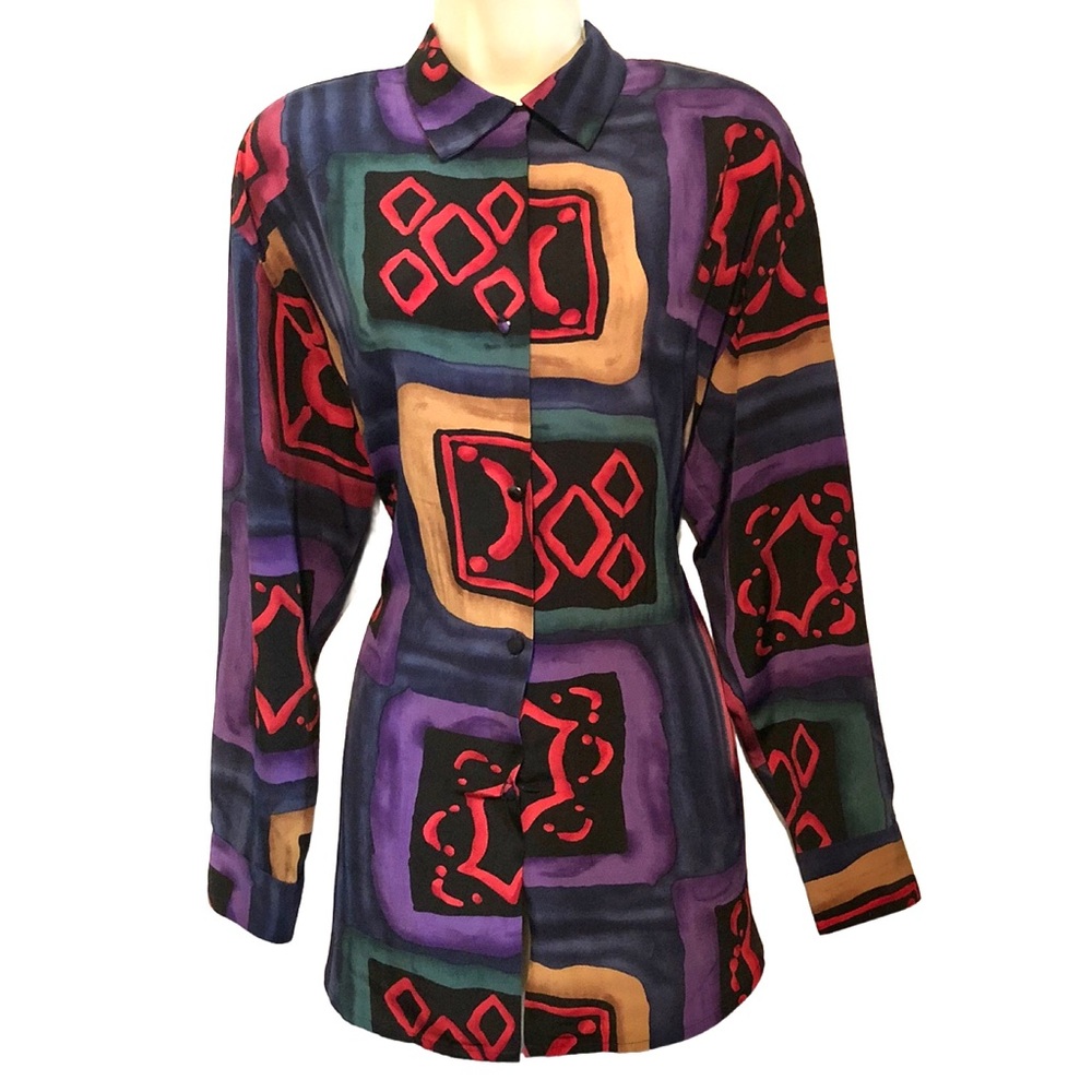 VINTAGE Funky Polyester Secretary Blouse Colorful Le Caviar Women's‎ Medium